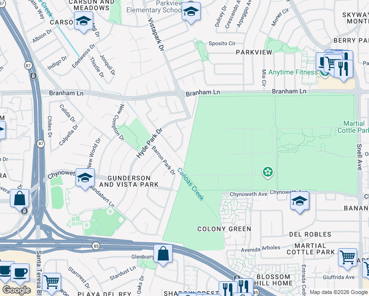 map of restaurants, bars, coffee shops, grocery stores, and more near 5006 Wellington Park Drive in San Jose