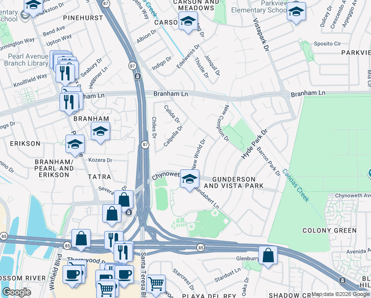 map of restaurants, bars, coffee shops, grocery stores, and more near 692 Hathaway Court in San Jose