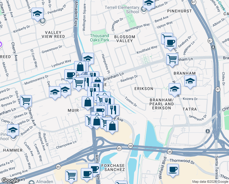 map of restaurants, bars, coffee shops, grocery stores, and more near 4688 Hampton Falls Place in San Jose