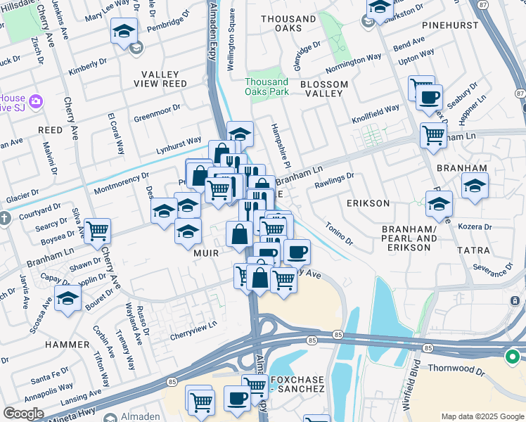 map of restaurants, bars, coffee shops, grocery stores, and more near 4700 Almaden Expressway in San Jose