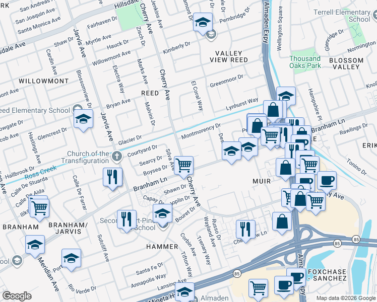 map of restaurants, bars, coffee shops, grocery stores, and more near 1334 Kipling Court in San Jose