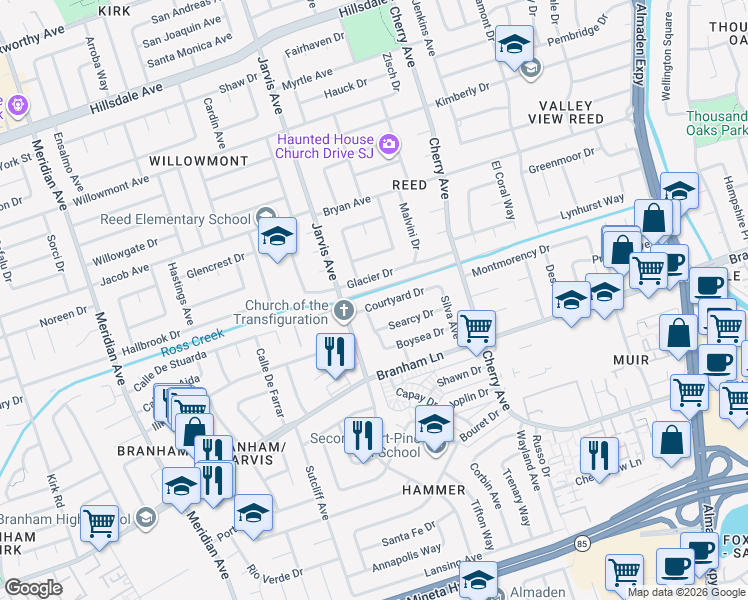 map of restaurants, bars, coffee shops, grocery stores, and more near 1432 Courtyard Drive in San Jose