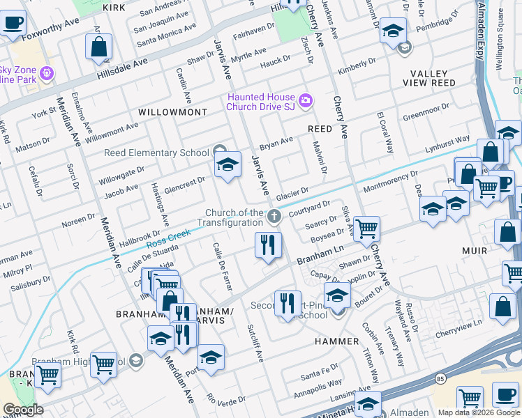 map of restaurants, bars, coffee shops, grocery stores, and more near 1454 Cresthaven Lane in San Jose