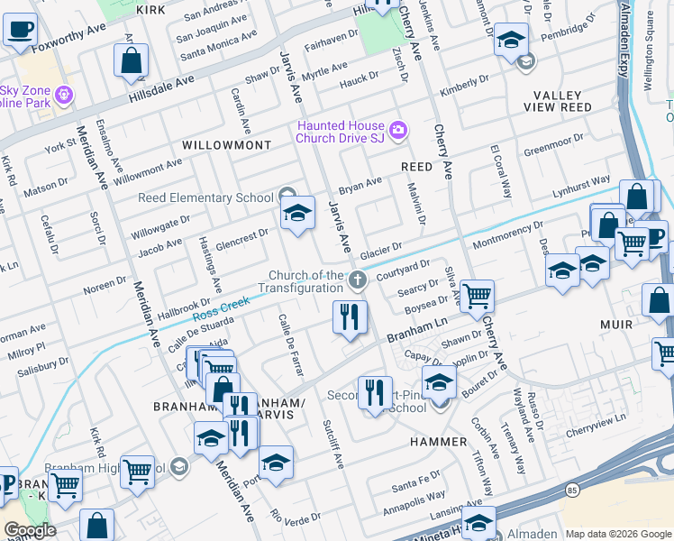 map of restaurants, bars, coffee shops, grocery stores, and more near 1473 Cresthaven Lane in San Jose