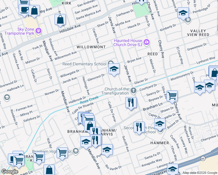 map of restaurants, bars, coffee shops, grocery stores, and more near 1527 Calle De Stuarda in San Jose
