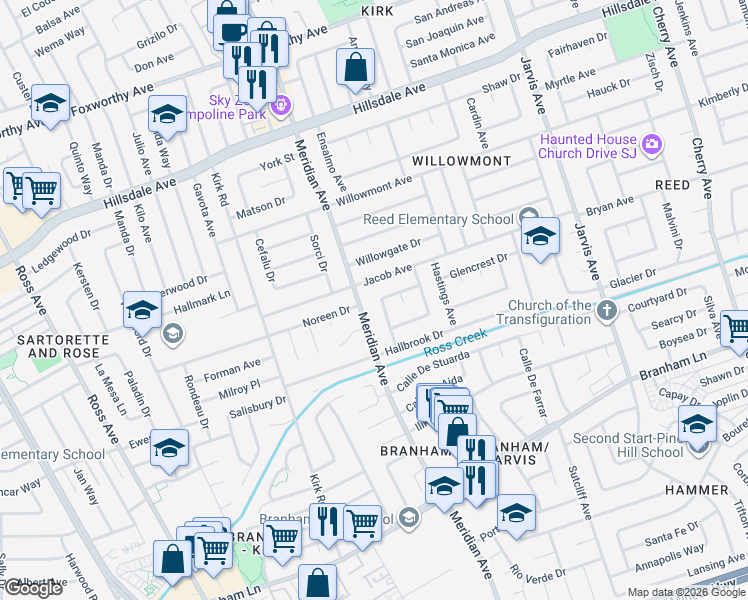 map of restaurants, bars, coffee shops, grocery stores, and more near 4047 Meridian Avenue in San Jose
