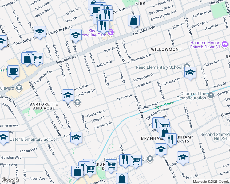 map of restaurants, bars, coffee shops, grocery stores, and more near 1664 Jacob Avenue in San Jose