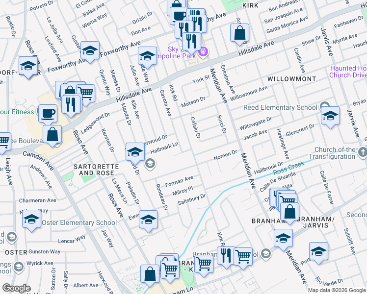 map of restaurants, bars, coffee shops, grocery stores, and more near 1682 Lollie Court in San Jose