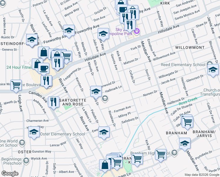 map of restaurants, bars, coffee shops, grocery stores, and more near 1724 Hallmark Lane in San Jose