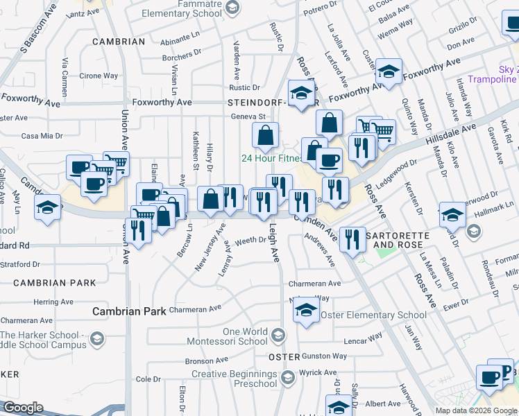 map of restaurants, bars, coffee shops, grocery stores, and more near 1890 Camden Avenue in San Jose