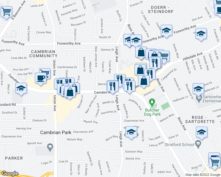 map of restaurants, bars, coffee shops, grocery stores, and more near 1890 Camden Avenue in San Jose
