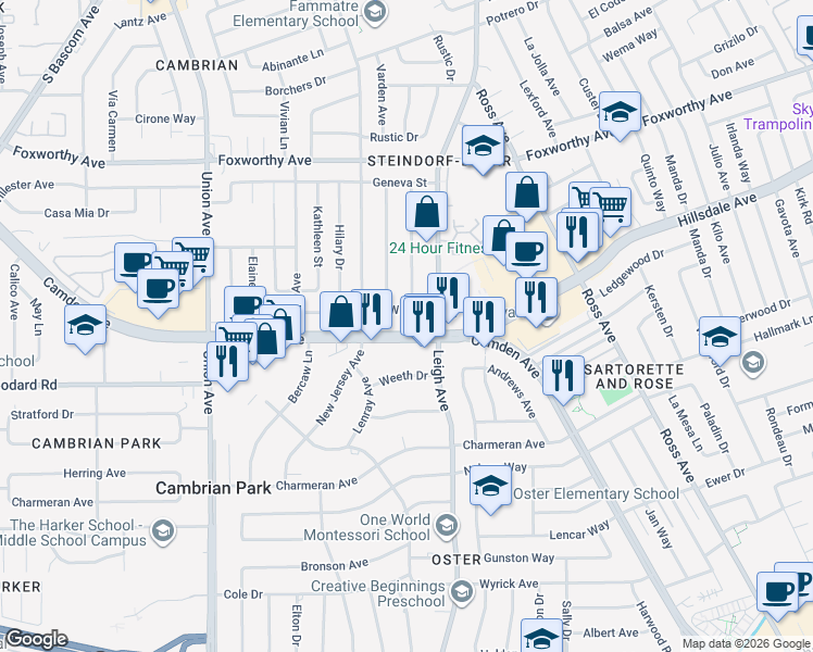 map of restaurants, bars, coffee shops, grocery stores, and more near 1890 Camden Avenue in San Jose