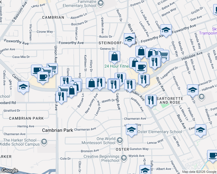 map of restaurants, bars, coffee shops, grocery stores, and more near 1890 Camden Avenue in San Jose