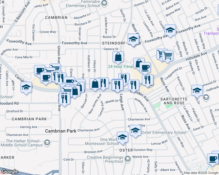 map of restaurants, bars, coffee shops, grocery stores, and more near 1910 Camden Avenue in San Jose
