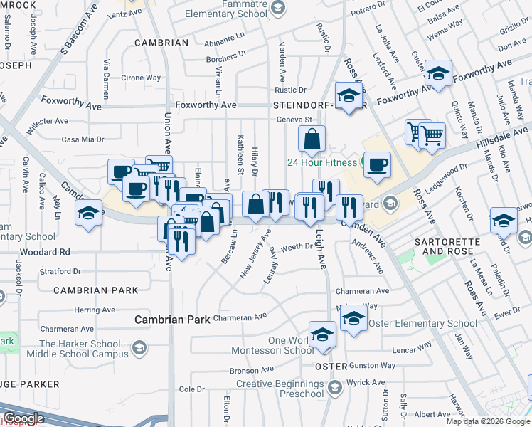 map of restaurants, bars, coffee shops, grocery stores, and more near 1930 Camden Avenue in San Jose