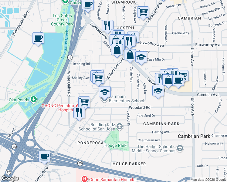 map of restaurants, bars, coffee shops, grocery stores, and more near 15711 Woodard Road in San Jose