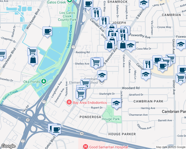 map of restaurants, bars, coffee shops, grocery stores, and more near 3645 South Bascom Avenue in Campbell