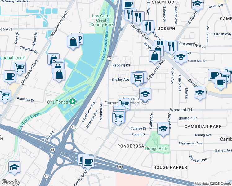 map of restaurants, bars, coffee shops, grocery stores, and more near 1838 White Oaks Court in Campbell