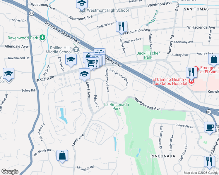 map of restaurants, bars, coffee shops, grocery stores, and more near 220 Wedgewood Avenue in Los Gatos