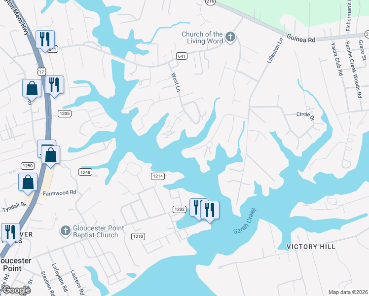 map of restaurants, bars, coffee shops, grocery stores, and more near 1713 Sawgrass Pointe Drive in Gloucester Point