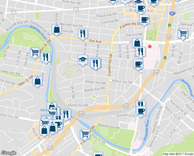 map of restaurants, bars, coffee shops, grocery stores, and more near 373 Allison Avenue Southwest in Roanoke
