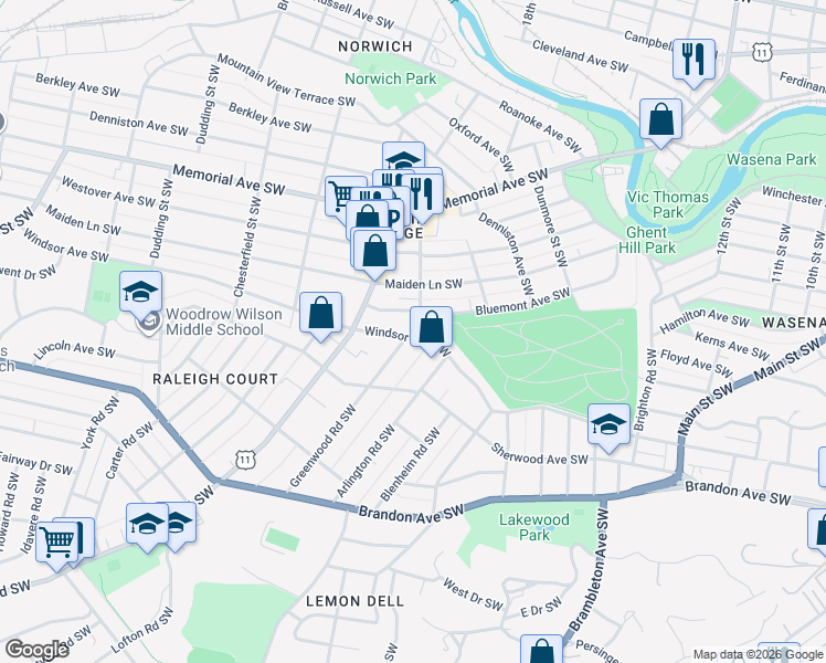 map of restaurants, bars, coffee shops, grocery stores, and more near 1816 Windsor Ave SW in Roanoke