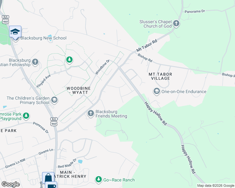 map of restaurants, bars, coffee shops, grocery stores, and more near 3442 McEver Road in Blacksburg