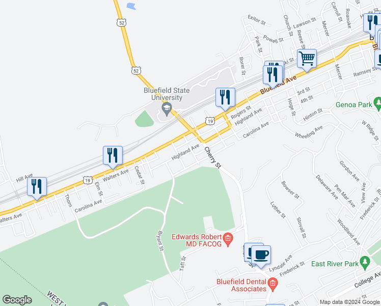 map of restaurants, bars, coffee shops, grocery stores, and more near 221 Carolina Avenue in Bluefield