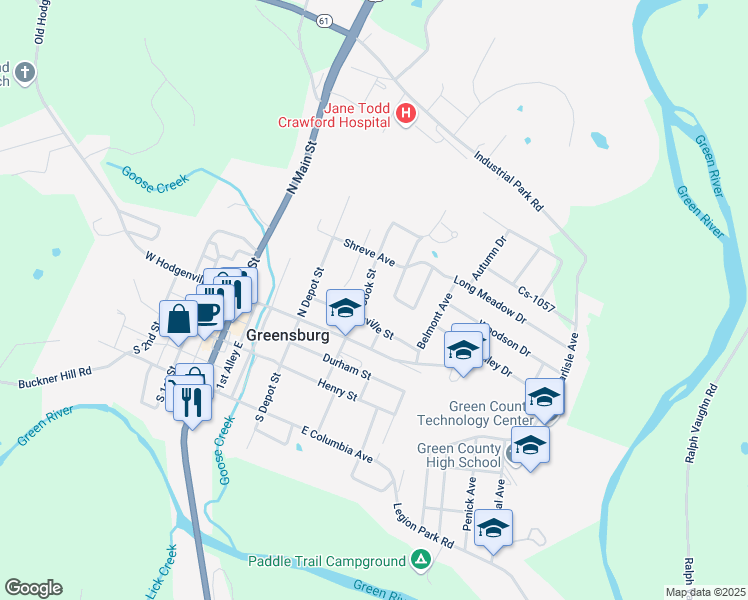 map of restaurants, bars, coffee shops, grocery stores, and more near 400-412 Scottsville Street in Greensburg