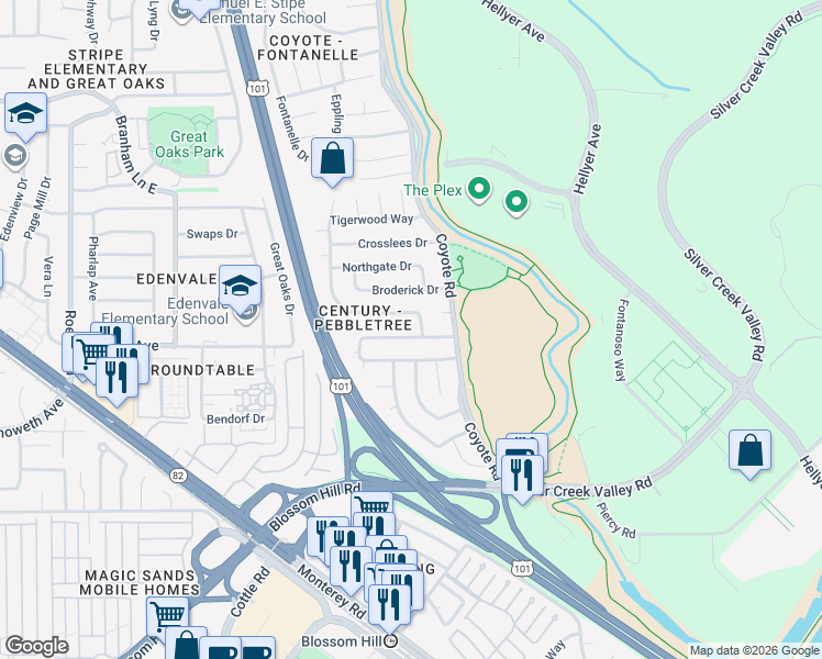 map of restaurants, bars, coffee shops, grocery stores, and more near 489 Hassinger Road in San Jose