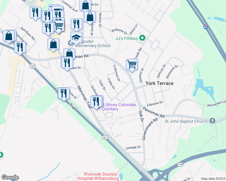 map of restaurants, bars, coffee shops, grocery stores, and more near 932 Foley Drive in Williamsburg