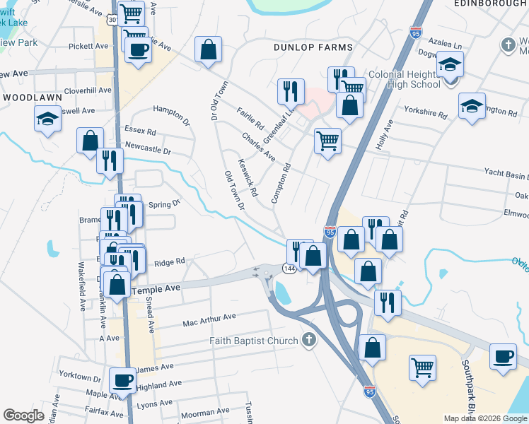 map of restaurants, bars, coffee shops, grocery stores, and more near 813 Keswick Road in Colonial Heights