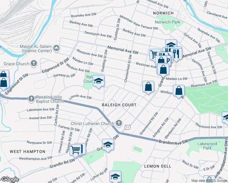 map of restaurants, bars, coffee shops, grocery stores, and more near 1838 Arden Road Southwest in Roanoke