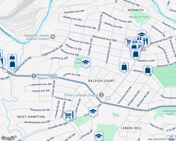 map of restaurants, bars, coffee shops, grocery stores, and more near 1813 Carter Road Southwest in Roanoke