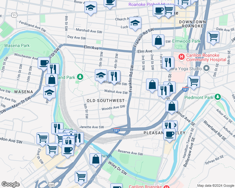 map of restaurants, bars, coffee shops, grocery stores, and more near 372 Walnut Avenue Southwest in Roanoke