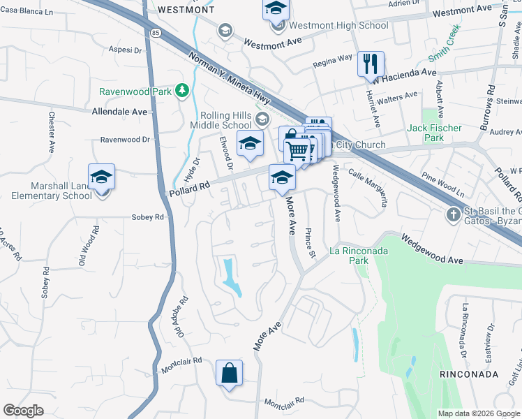 map of restaurants, bars, coffee shops, grocery stores, and more near 117 Casitas Bulevar in Los Gatos