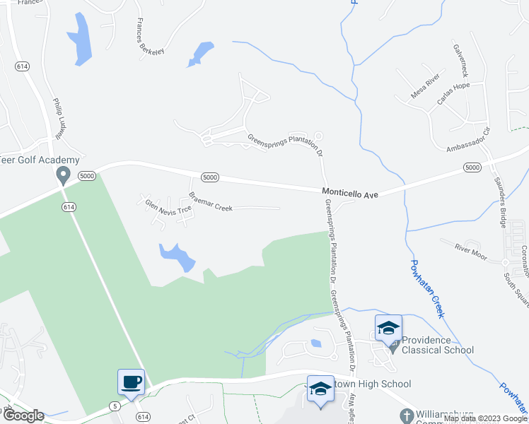 map of restaurants, bars, coffee shops, grocery stores, and more near 1104 Braemar Creek in Williamsburg