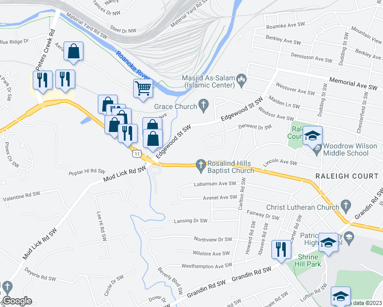 map of restaurants, bars, coffee shops, grocery stores, and more near 2755 Brandon Avenue Southwest in Roanoke