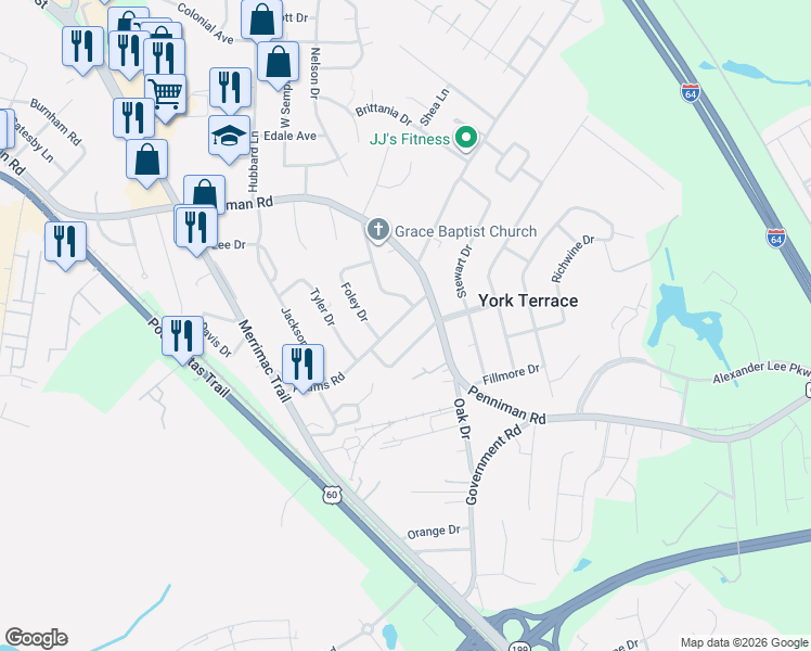 map of restaurants, bars, coffee shops, grocery stores, and more near 710 Madison Road in Williamsburg