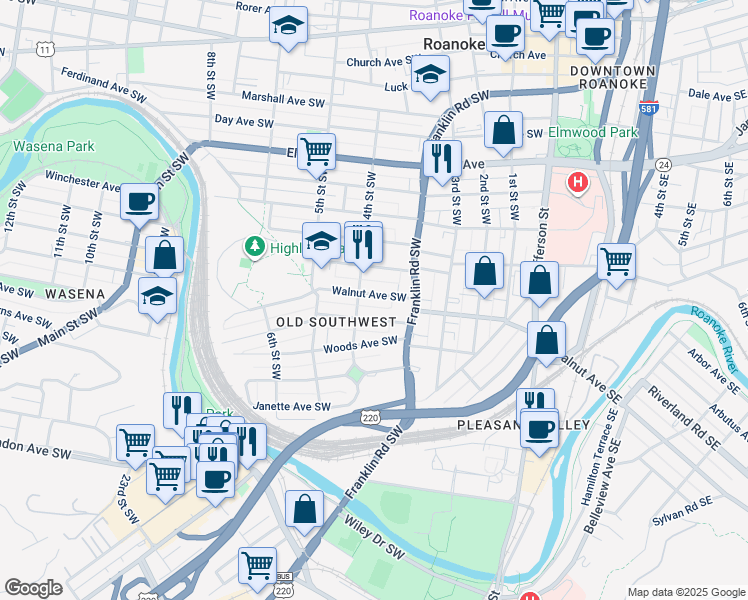 map of restaurants, bars, coffee shops, grocery stores, and more near 372 Walnut Avenue Southwest in Roanoke