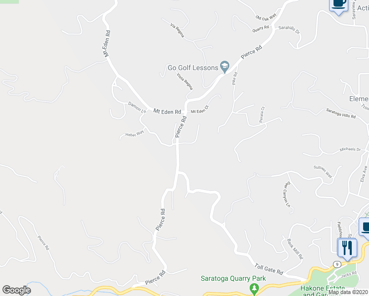map of restaurants, bars, coffee shops, grocery stores, and more near 14190 Palomino Way in Saratoga