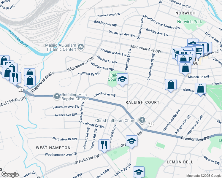 map of restaurants, bars, coffee shops, grocery stores, and more near 1808 Carlton Road Southwest in Roanoke