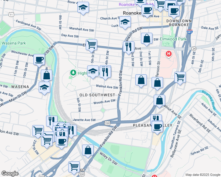 map of restaurants, bars, coffee shops, grocery stores, and more near 364 Walnut Avenue Southwest in Roanoke