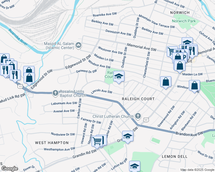 map of restaurants, bars, coffee shops, grocery stores, and more near 1808 Carlton Road Southwest in Roanoke