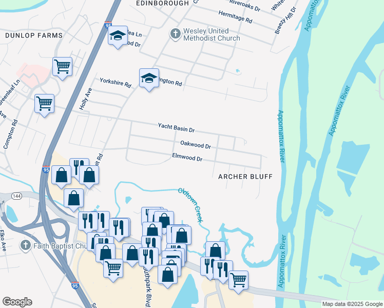map of restaurants, bars, coffee shops, grocery stores, and more near 1208 Elmwood Drive in Colonial Heights