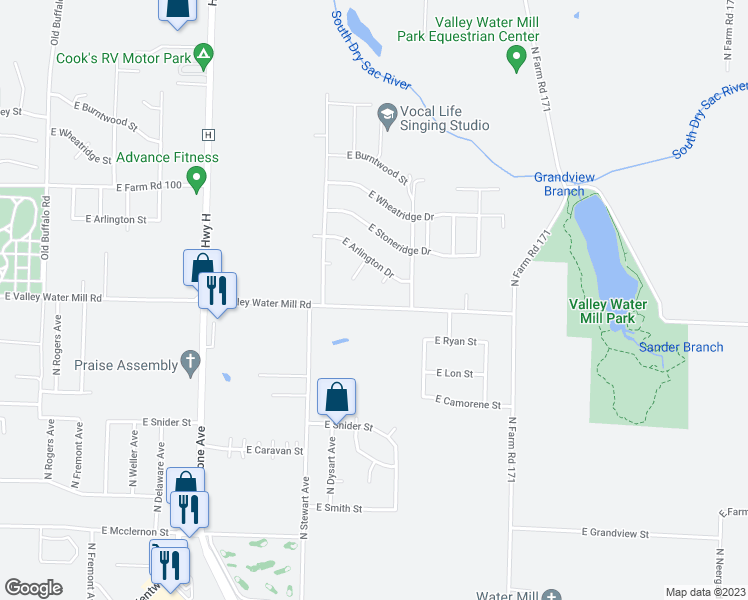 map of restaurants, bars, coffee shops, grocery stores, and more near 1915 East Valley Water Mill Road in Springfield