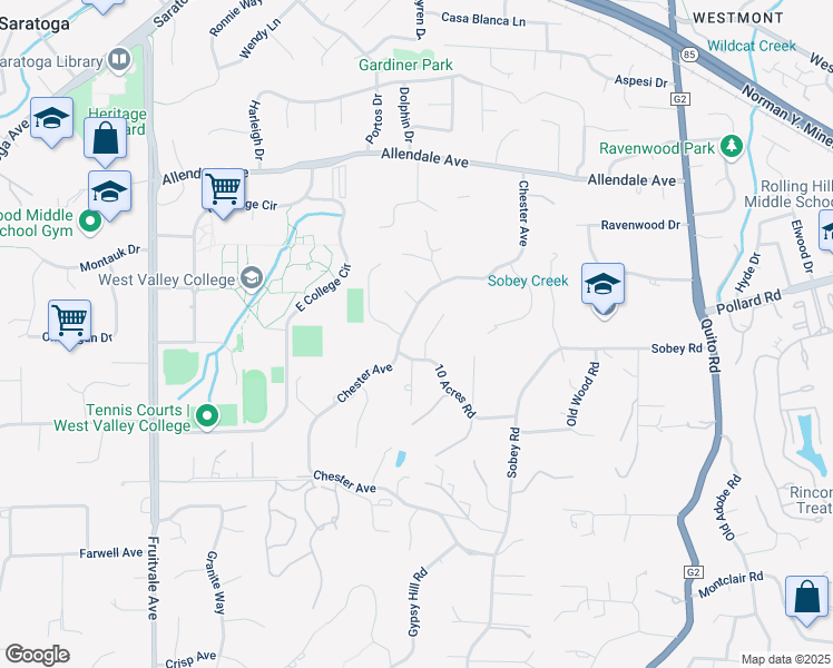 map of restaurants, bars, coffee shops, grocery stores, and more near 18905 10 Acres Road in Saratoga