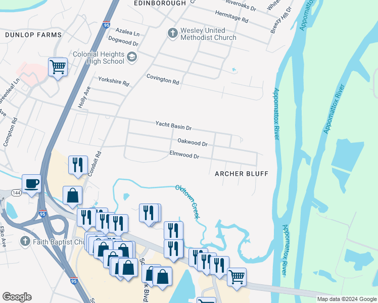 map of restaurants, bars, coffee shops, grocery stores, and more near 1208 Elmwood Drive in Colonial Heights