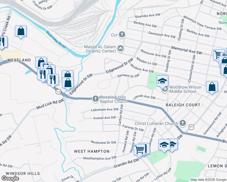 map of restaurants, bars, coffee shops, grocery stores, and more near 1935 Langdon Road Southwest in Roanoke