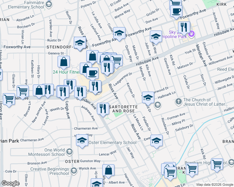 map of restaurants, bars, coffee shops, grocery stores, and more near 1788 Bradford Way in San Jose